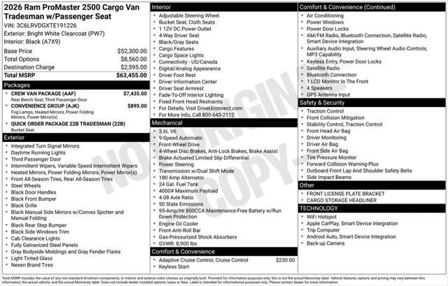 2026 Ram ProMaster 2500 Cargo Van Tradesman High Roof 159" WB w/Pass Seat
