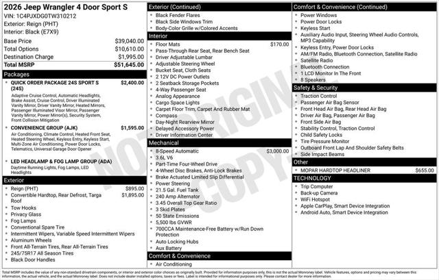 2026 Jeep Wrangler WRANGLER 4-DOOR SPORT S