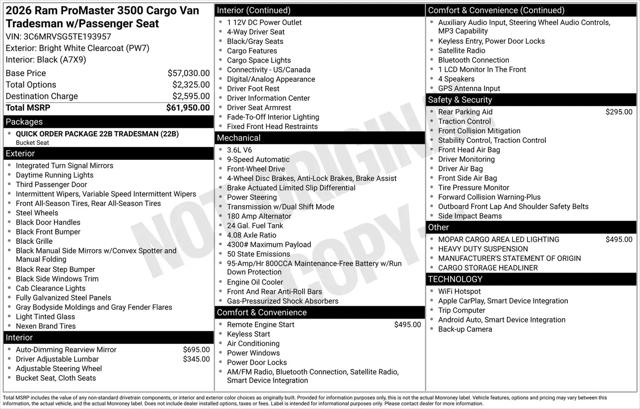 2026 Ram ProMaster Cargo Van Tradesman Super High Roof 159 WB EXT w/Pass Seat