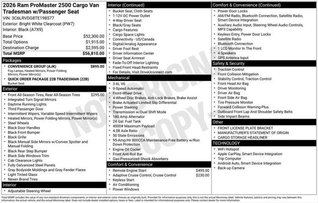 2026 RAM Ram ProMaster RAM PROMASTER 2500 TRADESMAN CARGO VAN HIGH ROOF 159 WB