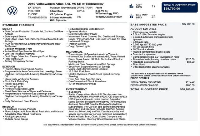 2019 Volkswagen Atlas 3.6L V6 SE w/Technology