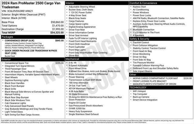 2024 Ram ProMaster 2500 Cargo Van Tradesman High Roof 159" WB w/Pass Seat