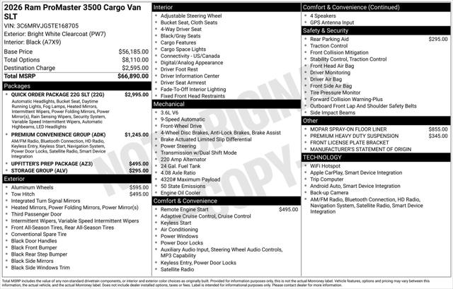 2026 Ram ProMaster Cargo Van SLT High Roof 159" WB EXT