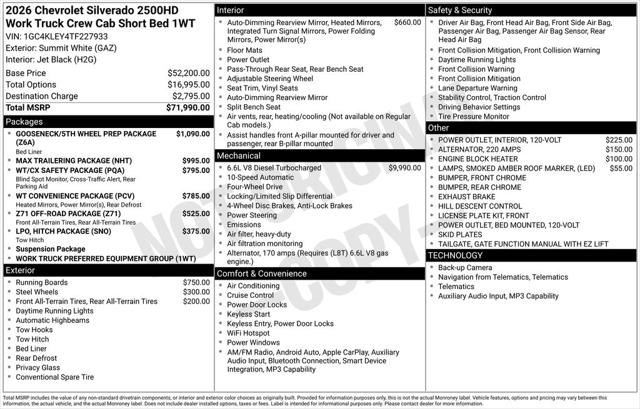 2026 Chevrolet Silverado 2500HD Crew Cab, Standard Bed, WT, 4WD