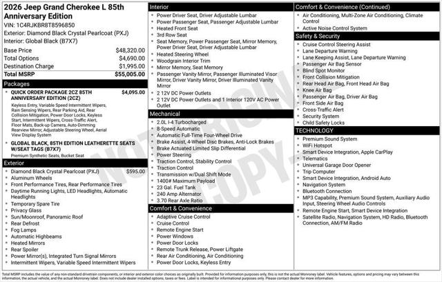 2026 Jeep Grand Cherokee L GRAND CHEROKEE L 85TH ANNIVERSARY EDITION 4X4 2026 Jeep Grand Cherokee L GRAND CHEROKEE L 85TH ANNIVERSARY EDITION 4X4