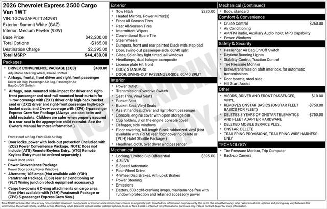 2026 Chevrolet Express Cargo Van 2500 Regular Wheelbase, WT, RWD