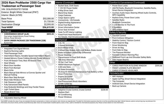 2026 RAM Ram ProMaster RAM PROMASTER 2500 TRADESMAN CARGO VAN HIGH ROOF 159 WB