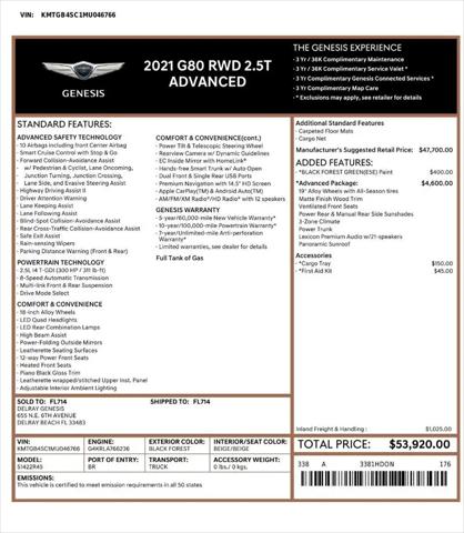 2021 Genesis G80 2.5T RWD
