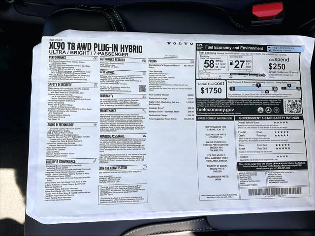2026 Volvo XC90 Plug-In Hybrid Ultra, T8 AWD, Electric/Gasoline, Bright, 7 Seats