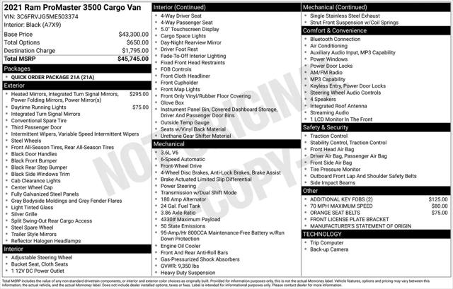 2021 Ram ProMaster Cargo Van High Roof 159" WB EXT