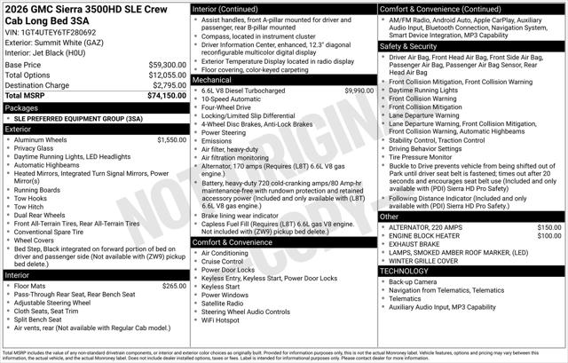 2026 GMC Sierra 3500HD Crew Cab, Long Bed, SLE Dual Rear Wheel, 4WD