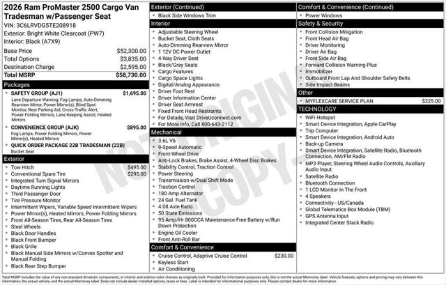 2026 RAM ProMaster 2500 RAM PROMASTER 2500 TRADESMAN CARGO VAN HIGH ROOF 159 WB