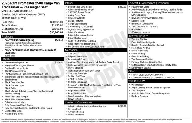 2025 Ram ProMaster 2500 Cargo Van Tradesman High Roof 136" WB w/Pass Seat