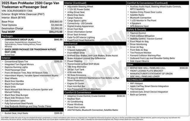 2025 Ram ProMaster 2500 Cargo Van Tradesman High Roof 159" WB w/Pass Seat