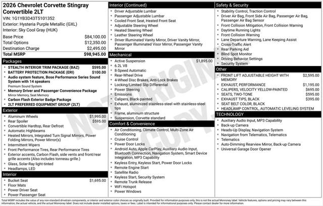 2026 Chevrolet Corvette Stingray Convertible, 2LT, RWD