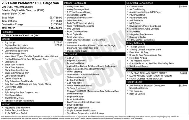 2021 Ram ProMaster Cargo Van Low Roof 118" WB