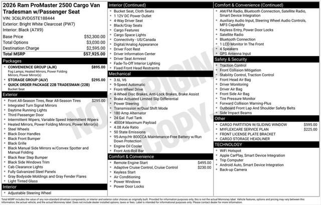 2026 Ram ProMaster 2500 Cargo Van Tradesman High Roof 159" WB w/Pass Seat