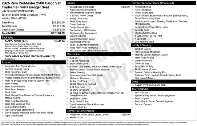 2026 Ram ProMaster 2500 Cargo Van Tradesman High Roof 159" WB w/Pass Seat