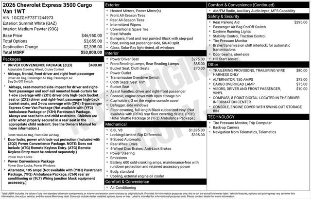 2026 Chevrolet Express Cargo Van 3500 Extended Wheelbase, WT, RWD
