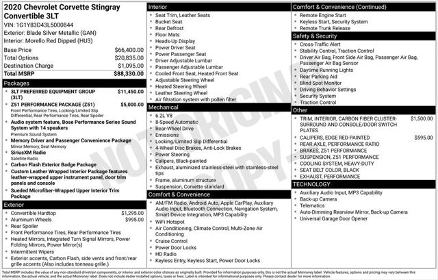2020 Chevrolet Corvette Stingray RWD Convertible 3LT