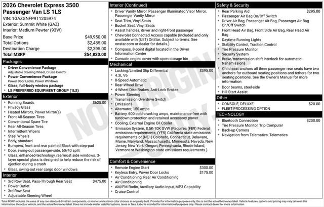 2026 Chevrolet Express Passenger 3500 Extended Wheelbase, LS, RWD