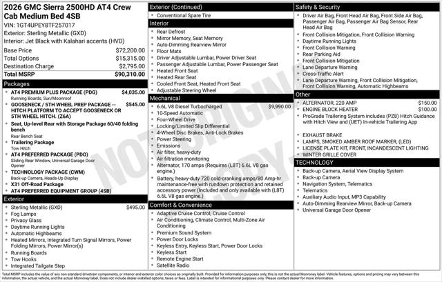 2026 GMC Sierra 2500HD Crew Cab, Standard Bed, AT4, 4WD