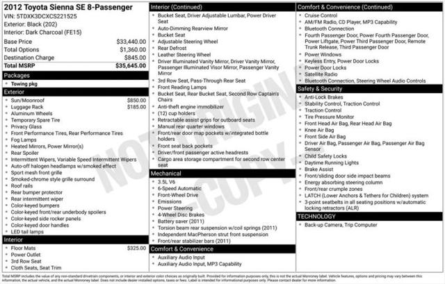 2012 Toyota Sienna SE 8 Passenger