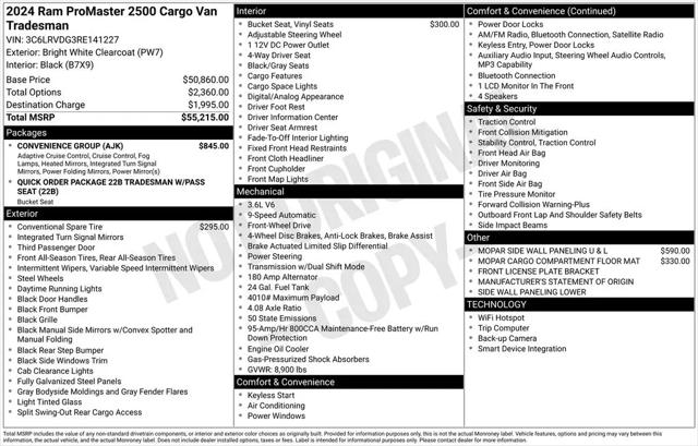 2024 Ram ProMaster 2500 Cargo Van Tradesman High Roof 159" WB w/Pass Seat