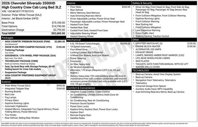 2026 Chevrolet Silverado 3500HD Crew Cab, Long Bed, High Country Dual Rear Wheel, RWD