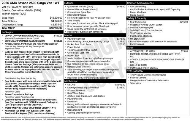 2026 GMC Savana Cargo 2500 Regular Wheelbase, Work Van, RWD