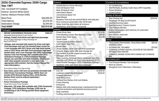 2026 Chevrolet Express Cargo Van 3500 Extended Wheelbase, WT, RWD