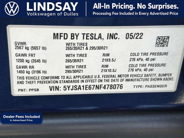 2022 Tesla Model S Plaid Tri Motor All-Wheel Drive
