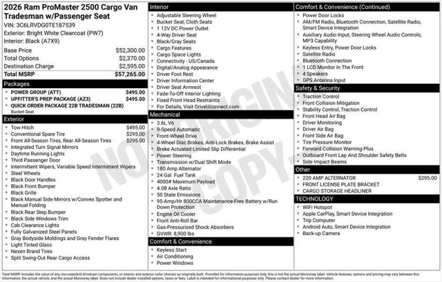 2026 RAM Ram ProMaster RAM PROMASTER 2500 TRADESMAN CARGO VAN HIGH ROOF 159 WB