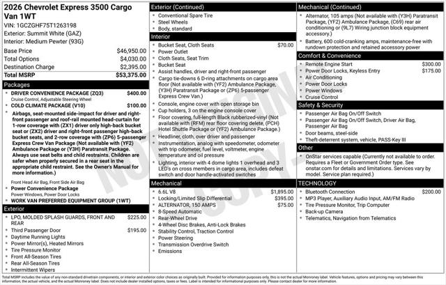 2026 Chevrolet Express Cargo Van 3500 Extended Wheelbase, WT, RWD
