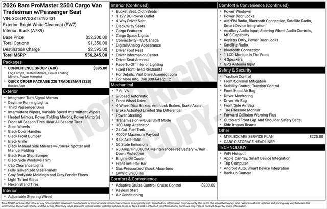 2026 Ram ProMaster 2500 Cargo Van Tradesman High Roof 159" WB w/Pass Seat