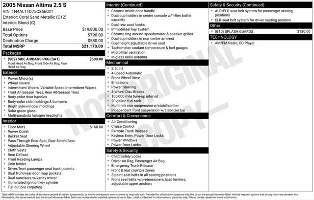 2005 Nissan Altima 2.5 S for sale in Bridgeport, WV
