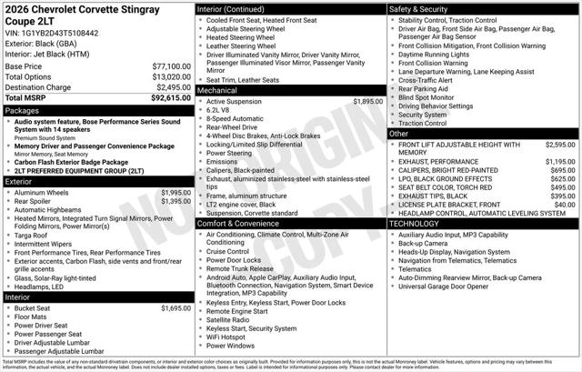 2026 Chevrolet Corvette Stingray Coupe, 2LT, RWD