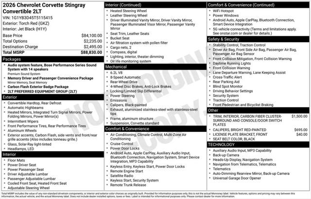 2026 Chevrolet Corvette Stingray Convertible, 2LT, RWD