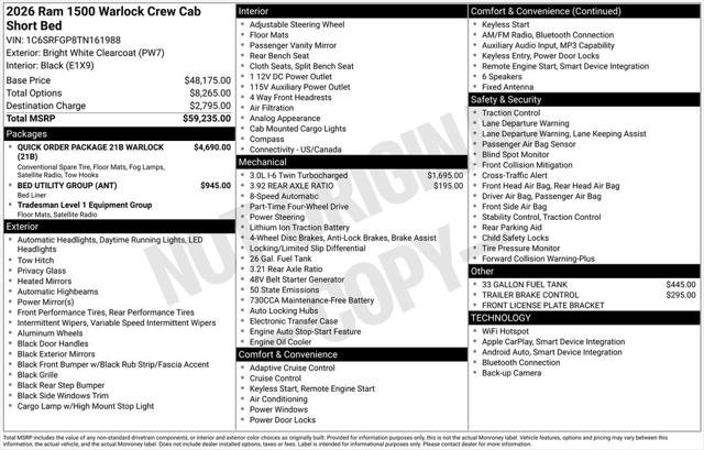 Used 2026 RAM 1500 Warlock Crew Cab 4x4 57" Box For Sale in Muscle Shoals, AL