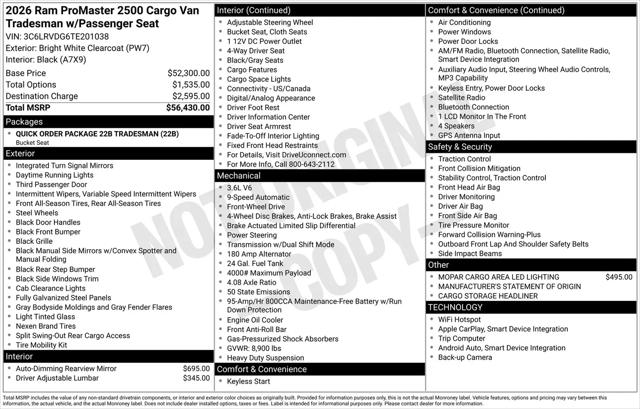 2026 Ram ProMaster 2500 Cargo Van Tradesman High Roof 159 WB w/Pass Seat