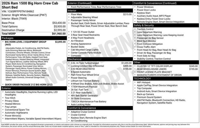 2026 RAM Ram 1500 RAM 1500 BIG HORN CREW CAB 4X4 57 BOX