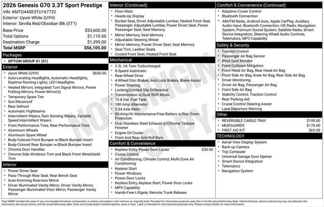 2026 Genesis G70 3.3T RWD Sport Prestige