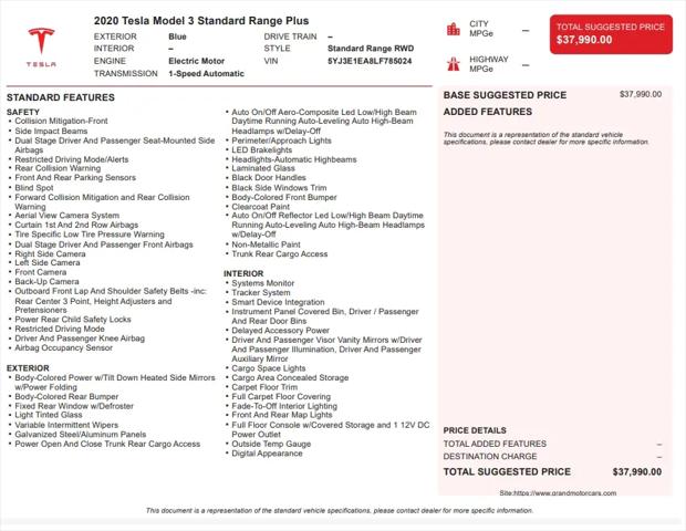 2020 Tesla Model 3 Standard Range Plus Rear-Wheel Drive