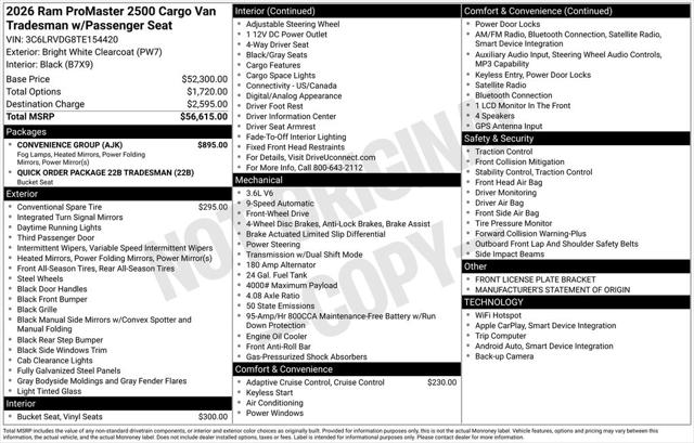 2026 Ram ProMaster 2500 Cargo Van Tradesman High Roof 159 WB w/Pass Seat