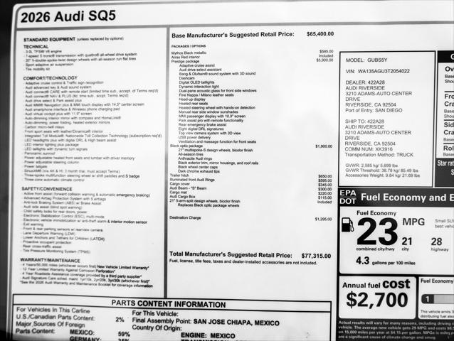 2026 Audi SQ5 Presige TFSI quattro S tronic
