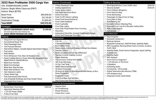 2022 Ram ProMaster Cargo Van Low Roof 136 WB