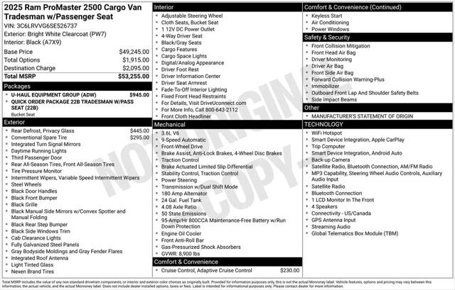 2025 RAM ProMaster 2500 Cargo Van Tradesman Low Roof 136 WB w/Pass Seat 2025 RAM ProMaster 2500 Cargo Van Tradesman Low Roof 136 WB w/Pass Seat