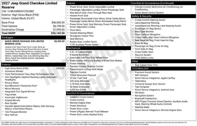 2027 Jeep Grand Cherokee GRAND CHEROKEE LIMITED RESERVE 4X4 2027 Jeep Grand Cherokee GRAND CHEROKEE LIMITED RESERVE 4X4