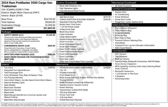 2024 RAM ProMaster 3500 Cargo Van Tradesman High Roof 159 WB EXT w/Pass Seat 2024 RAM ProMaster 3500 Cargo Van Tradesman High Roof 159 WB EXT w/Pass Seat