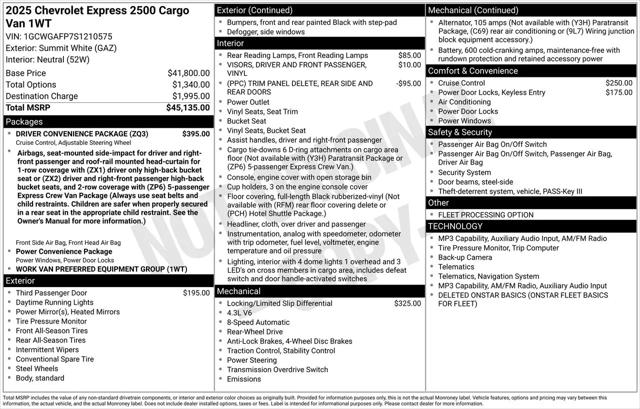 2025 Chevrolet Express Cargo Van RWD 2500 Regular Wheelbase WT